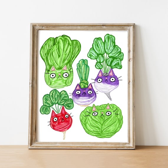 Vegetable Cat Print - Vegetable Art - Vegetable Kitchen Print - Funny Cat Illustration - Vegetable Cat Painting - Cute Cat Kitchen Art Print