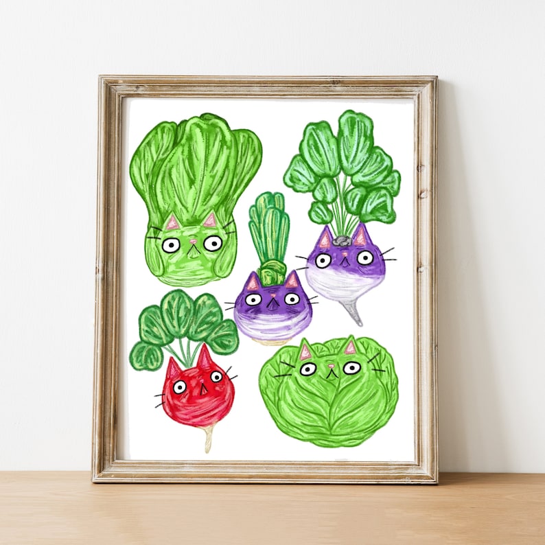 May include: Five cartoon cats with different colored fur are drawn as vegetables. One cat is a green cabbage, one is a red radish, one is a purple turnip, and two are green turnips. The cats have white eyes and black whiskers.