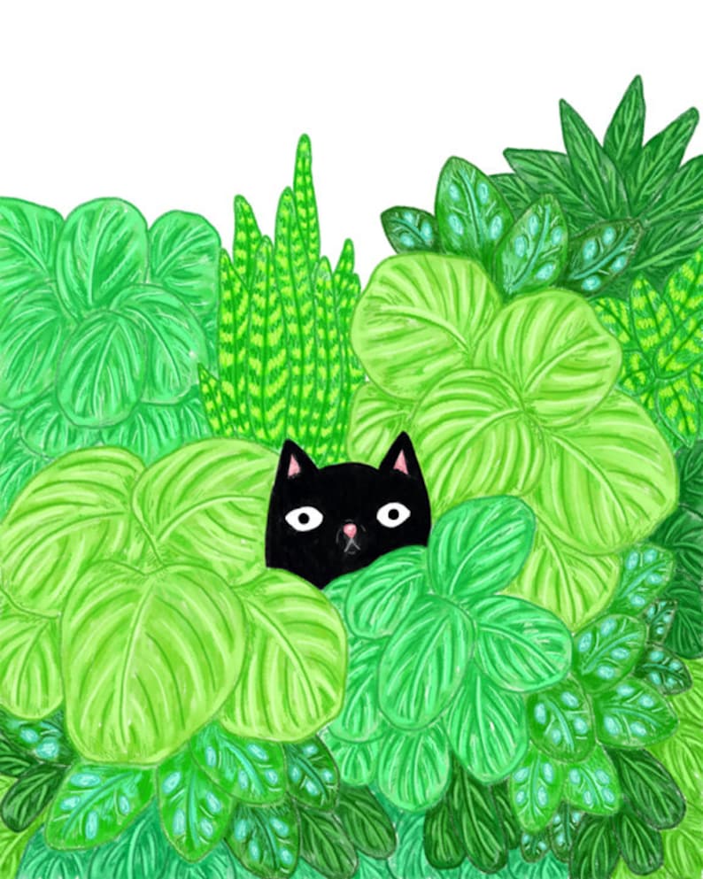 Cat Print / Cat and Houseplants Print / Houseplant Art / Cat Illustration / Black Cat Print / Houseplant Illustration / Cats and Plants Art image 2
