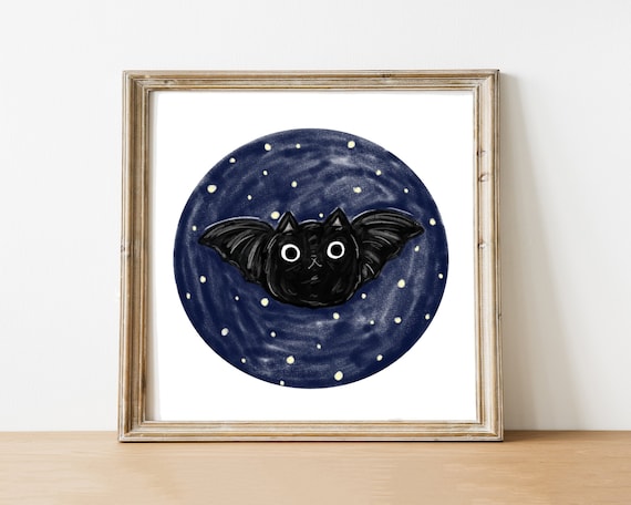 Cute Halloween Cat Art Print - Bat Halloween Art - Halloween Black Cat Print - Spooky Print - Cute Bat Art - Kawaii Halloween - Night Print