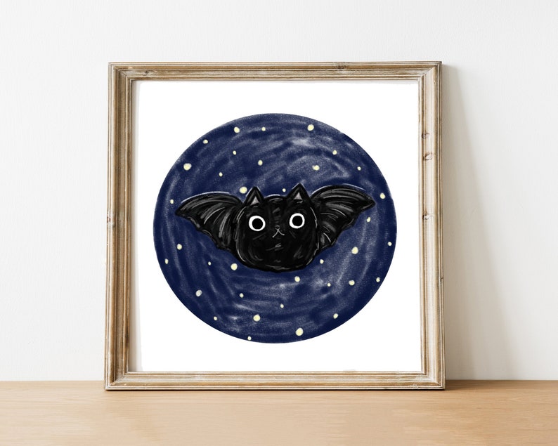 May include: A black bat with large eyes flies against a dark blue background with white stars.