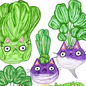May include: Three cartoon cats with green leafy tops. The cats are purple and white with large eyes. The leafy tops are green and resemble different types of vegetables.