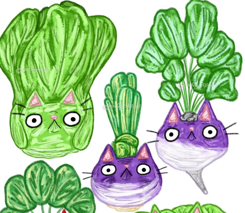 May include: Three cartoon cats with green leafy tops. The cats are purple and white with large eyes. The leafy tops are green and resemble different types of vegetables.