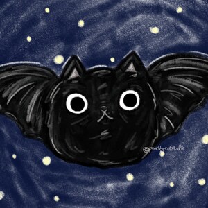 May include: A black cat with bat wings flying against a dark blue starry night background.