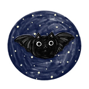 May include: A black cat with bat wings flying in a dark blue night sky with white stars.