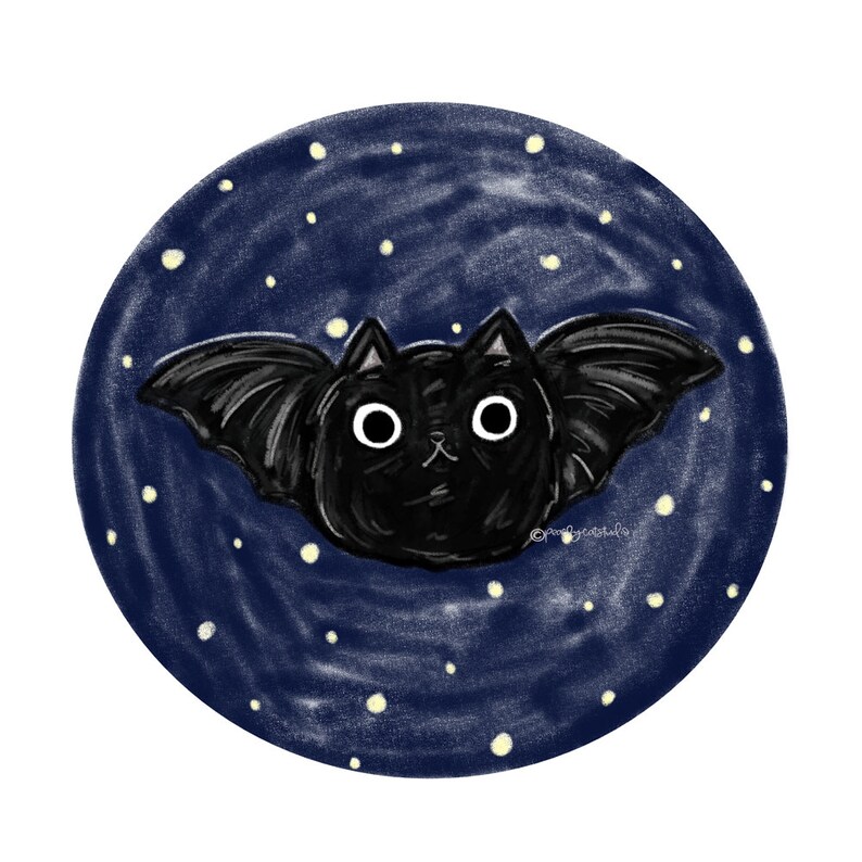 May include: A black cat with bat wings flying in a dark blue night sky with white stars.