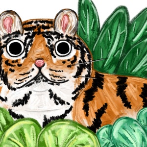 Puede incluir: Una ilustraci&oacute;n de dibujos animados de un tigre con ojos grandes y rayas naranjas y negras, asom&aacute;ndose desde detr&aacute;s de hojas verdes.