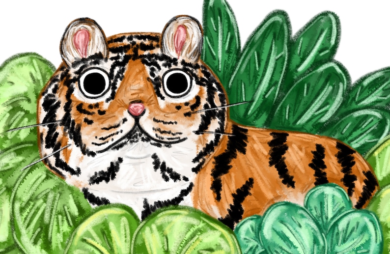 Puede incluir: Una ilustraci&oacute;n de dibujos animados de un tigre con ojos grandes y rayas naranjas y negras, asom&aacute;ndose desde detr&aacute;s de hojas verdes.