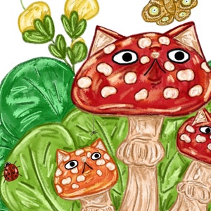 May include: Three red and orange mushrooms with white spots, shaped like cats, with large eyes and a surprised expression. The mushrooms are surrounded by green leaves and a small spider web.