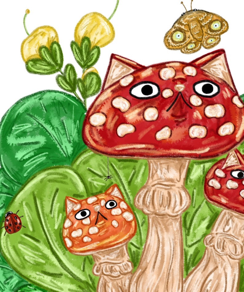 May include: Three red and orange mushrooms with white spots, shaped like cats, with large eyes and a surprised expression. The mushrooms are surrounded by green leaves and a small spider web.