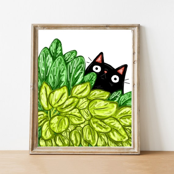 Cats and Plants Painting - Black Cat Gift - Black Cat Plant Illustration -  Big Eyes Cat Art - Pothos Plant Art - Cartoon Cat Art - Green Art - Etsy