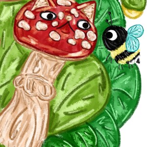 May include: A red and white mushroom with a cat face, surrounded by green leaves and a black and yellow bee with blue wings.