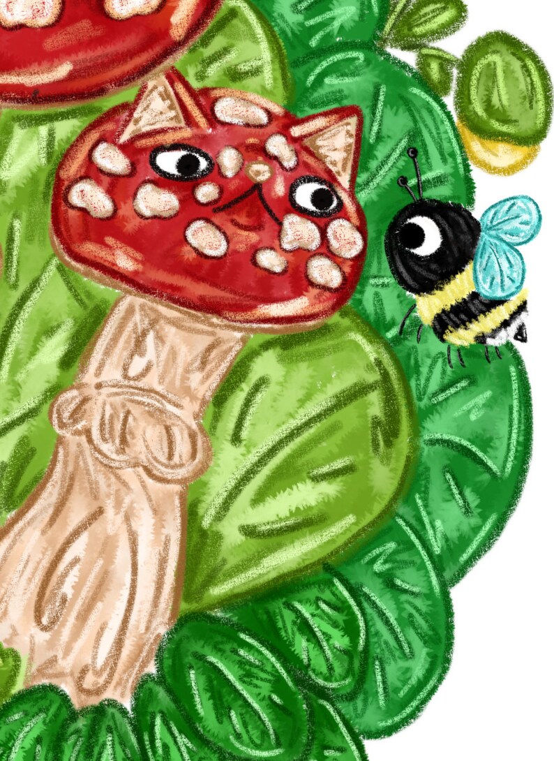May include: A red and white mushroom with a cat face, surrounded by green leaves and a black and yellow bee with blue wings.
