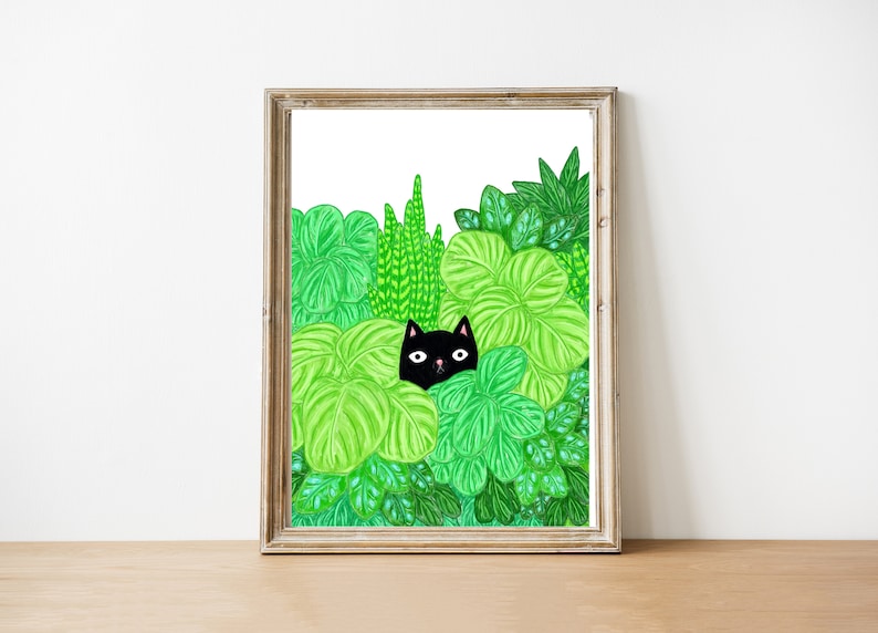 Cat Print / Cat and Houseplants Print / Houseplant Art / Cat Illustration / Black Cat Print / Houseplant Illustration / Cats and Plants Art image 1
