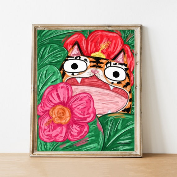 Tiger Art -Tiger Hibiscus flower print - Rainforest Tiger Painting -  Cute tiger print - Tropical Flower Art - Hibiscus Art - Cat art print