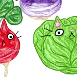 May include: A red radish with green leaves and a cat face, a green cabbage with a cat face, and a purple turnip.