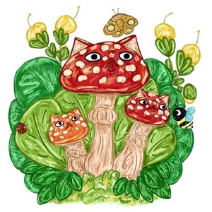 May include: Three red and orange mushrooms with cat faces, surrounded by green leaves and yellow flowers. A butterfly and a bee are also in the image.
