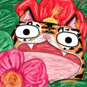 May include: A cartoon tiger with orange and black stripes is peeking out from behind a red flower. The tiger has large, round eyes and an open mouth with sharp teeth. The tiger is surrounded by green leaves.