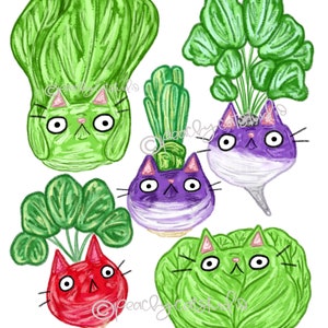 May include: Five cartoon cats are depicted as vegetables. One is a green cabbage, one is a red radish, two are purple turnips, and one is a green bok choy. The cats have black whiskers and white eyes.
