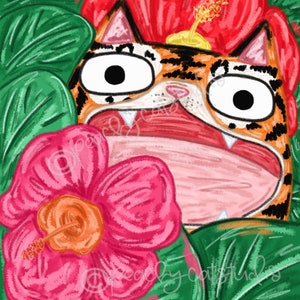 May include: A cartoon tiger with orange and black stripes peeks out from behind a large pink flower with a yellow center. The tiger has a surprised expression with its mouth open and its eyes wide. The background is a lush green jungle.