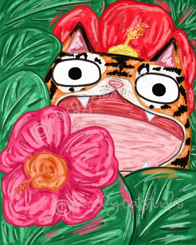 May include: A cartoon tiger with orange and black stripes peeks out from behind a large pink flower with a yellow center. The tiger has a surprised expression with its mouth open and its eyes wide. The background is a lush green jungle.