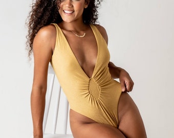 Lurex Deep V cut High Leg Twisted Front One-Piece Swimsuit