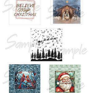 Puede incluir: Un conjunto de cuatro imágenes digitales con temática navideña. La primera imagen presenta un fondo blanco con el texto "Cree en la magia de la Navidad". La segunda imagen muestra una pintura de acuarela de la escena de la natividad con un establo, María, José, el niño Jesús, un burro y una oveja. La tercera imagen es una ilustración en blanco y negro de un bosque nevado con un trineo tirado por renos volando por el aire. La cuarta imagen es una ilustración de estilo vitral de Santa Claus con un gorro rojo y una barba blanca.