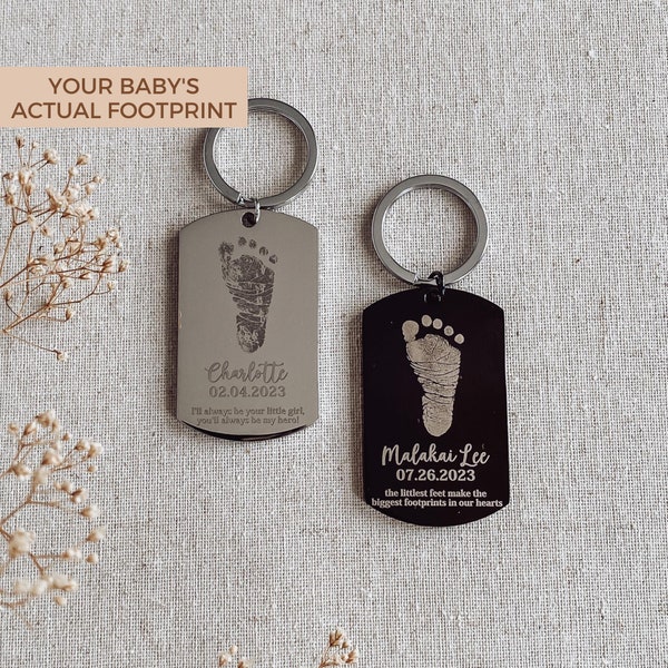 Baby infant footprint keychain for husband, Personalized birthday gift for dad, engraved handprint, custom newborn present, gift from baby