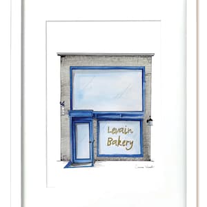 May include: A watercolor illustration of a storefront with a blue door and window. The sign above the window reads "Levain Bakery".