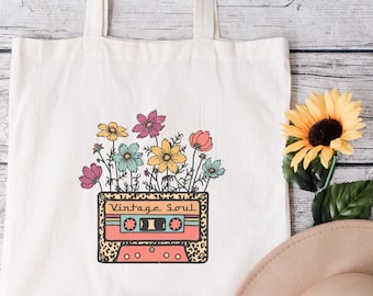 Floral Retro Tote,Flowers Tote Bag, vintage soul tote, Cassette Tape Canvas Tote Bag,Gift For Music Lovers,Trendy Tote Bag,Vintage Style