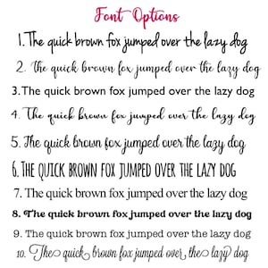 May include: A list of 10 font options for the phrase "The quick brown fox jumped over the lazy dog". Each option is numbered and displayed in a different font style.