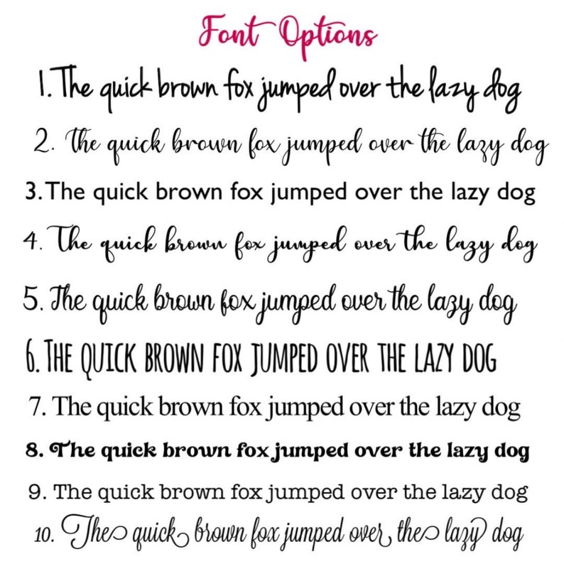May include: A list of 10 font options for the phrase "The quick brown fox jumped over the lazy dog". Each option is numbered and displayed in a different font style.