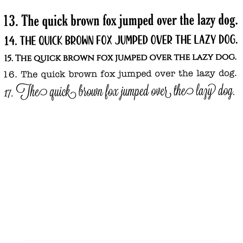 K&ouml;nnte beinhalten: Eine Nahaufnahme eines textbasierten Bildes, das verschiedene Variationen des klassischen Satzes "The quick brown fox jumped over the lazy dog." zeigt. Der Text ist in verschiedenen Schriftarten und Gr&ouml;&szlig;en, mit einigen Variationen in der Gro&szlig;- und Kleinschreibung.