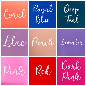 May include: A color chart with nine squares showing different shades of color. The colors are coral, royal blue, deep teal, lilac, peach, lavender, pink, red, and dark pink.