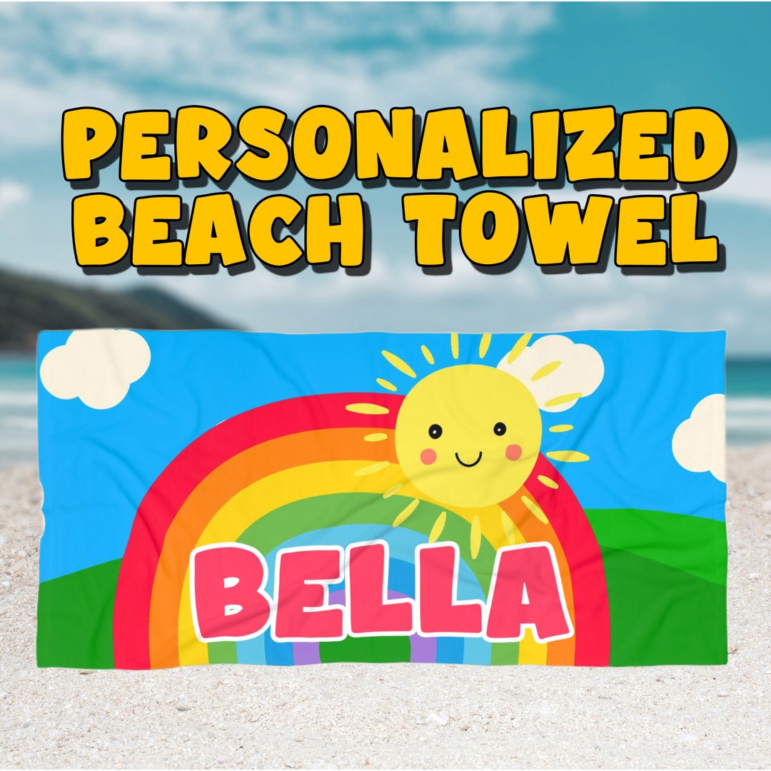 Personalized Kids Beach Towel, Custom Beach Towel for Kids, Rainbow Beach Towel for Girls, Large ...