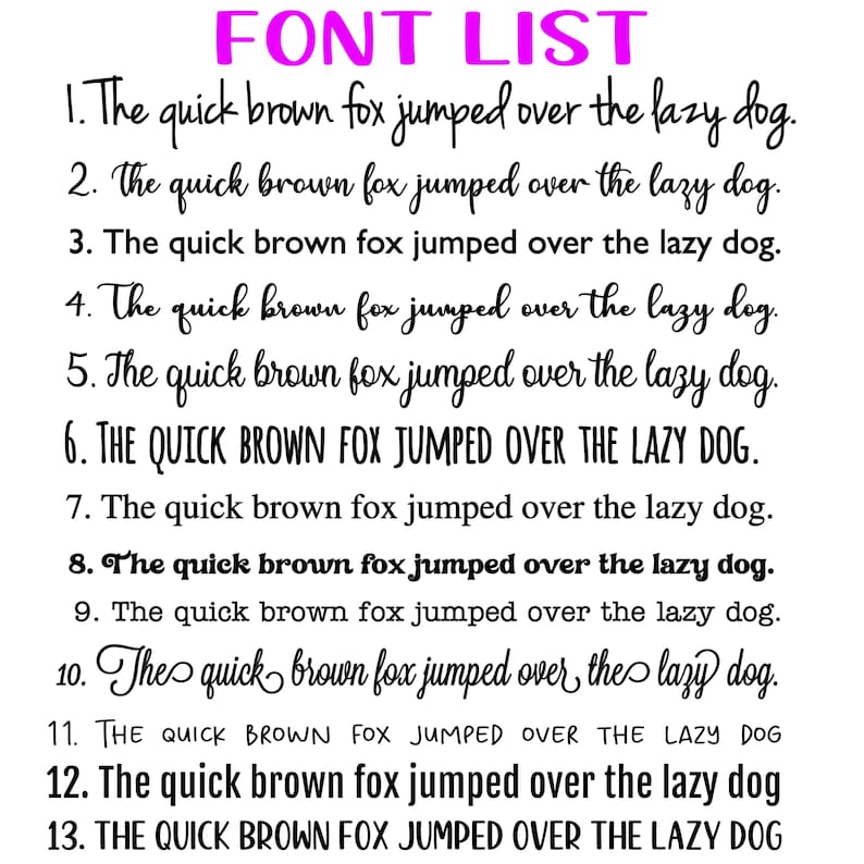 Pu&ograve; includere: Un elenco di 13 diversi font, ognuno dei quali mostra la frase "The quick brown fox jumped over the lazy dog." I font vanno dalla scrittura informale a quella audace e robusta.