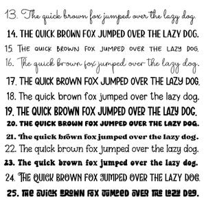 May include: A collection of text samples displaying the sentence "The quick brown fox jumped over the lazy dog" in various fonts and styles. The text is black against a white background, showcasing different typography options.