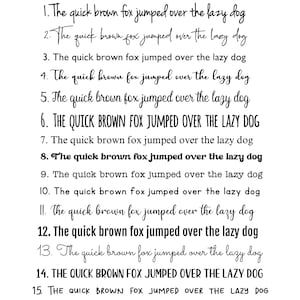 May include: A white background displays the phrase "The quick brown fox jumped over the lazy dog" in 15 different fonts. The text varies in style, size, and boldness, showcasing a range of typography options.