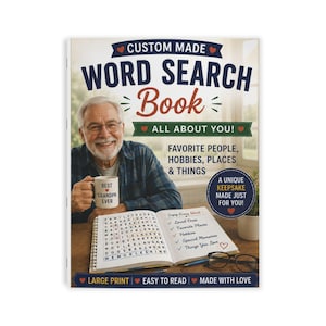 May include: A custom word search book with a cover featuring a person holding a mug that says BEST GRANDPA EVER. The cover text reads CUSTOM MADE WORD SEARCH BOOK ALL ABOUT YOU! FAVORITE PEOPLE, HOBBIES, PLACES & THINGS. LARGE PRINT EASY TO READ.