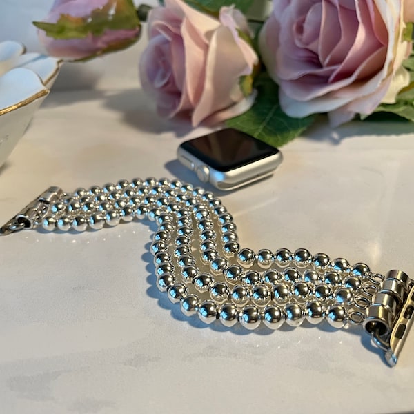 Shiny Silver Beaded apple band, silver Apple Watch Band | Beaded Watch Band | Fancy Dressy Apple iWatch Band, Apple bracelet band,