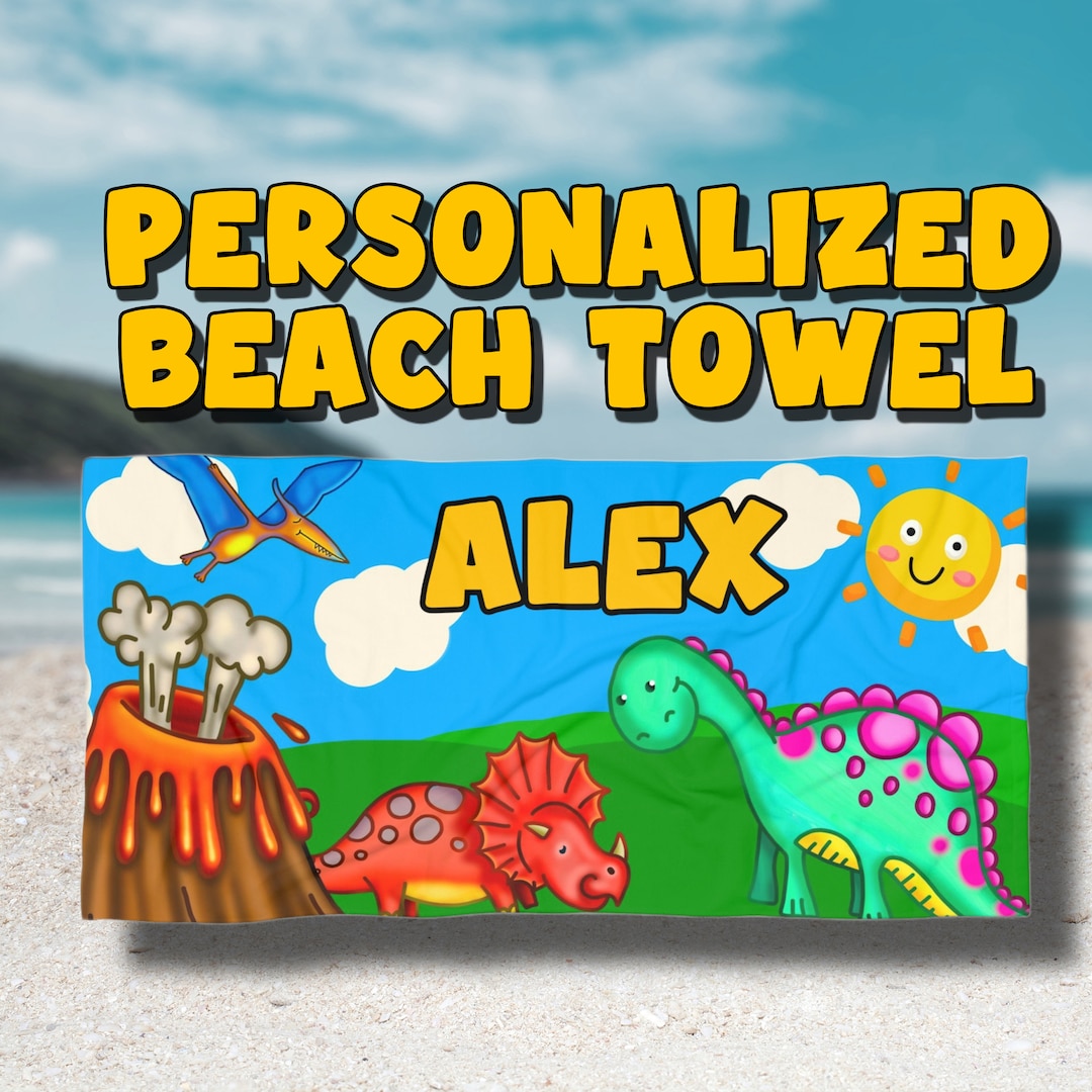 Personalized Kids Beach Towel, Custom Beach Towel for Kids, Dinosaur