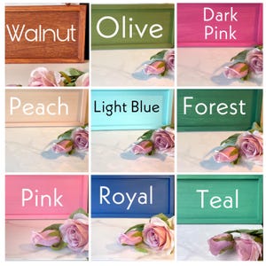 May include: Nine rectangular wooden signs in various colors, including walnut, olive, dark pink, peach, light blue, forest, pink, royal, and teal. Each sign displays a color name in white text and is accompanied by pink roses.