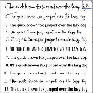 K&ouml;nnte beinhalten: Ein Nahaufnahmebild einer handgeschriebenen Liste des Satzes "The quick brown fox jumped over the lazy dog", der 12 Mal wiederholt wird. Die Liste ist von 1 bis 12 nummeriert. Der Satz ist in Schreibschrift geschrieben. Der Satz ist in Kleinbuchstaben geschrieben, au&szlig;er in der sechsten Zeile, die in Gro&szlig;buchstaben geschrieben ist.