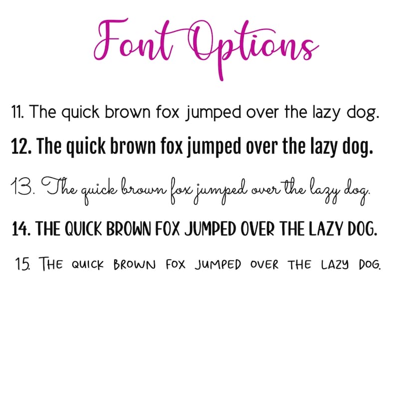 May include: A close-up of five different font options for the phrase "The quick brown fox jumped over the lazy dog." The first three options are in cursive, the fourth is in all caps, and the fifth is in a mix of uppercase and lowercase letters.