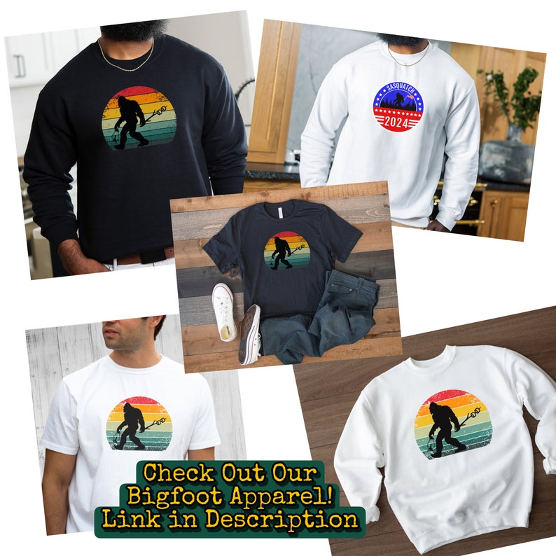 May include: Four different t-shirts featuring a Bigfoot silhouette with a vintage sunset design. The shirts are available in black, white, and heather grey. The text "Sasquatch 2024" is on one of the shirts.