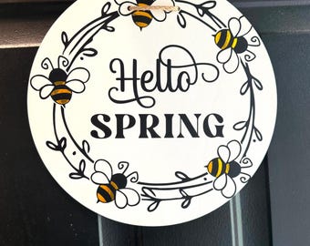 Hello Spring Front Door Sign | Wooden Spring Welcome Sign with Bees | Front Porch Hanger