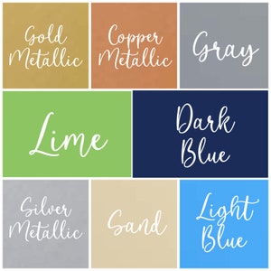 May include: A color palette chart with nine color swatches. The colors are: Gold Metallic, Copper Metallic, Gray, Lime, Dark Blue, Light Blue, Silver Metallic, Sand, and Light Blue.