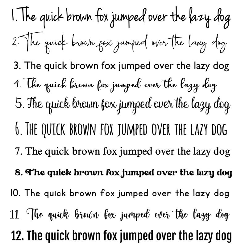 Peut inclure: Image en noir et blanc pr&eacute;sentant la phrase "The quick brown fox jumped over the lazy dog" dans douze polices diff&eacute;rentes. Le texte est dispos&eacute; en rang&eacute;es, pr&eacute;sentant divers styles, de l'&eacute;criture cursive au gras, et en majuscules.