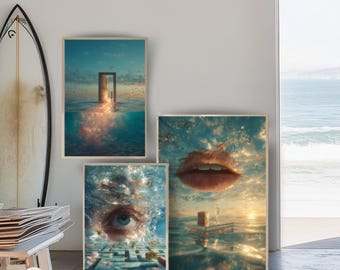 Conjunto de 3 láminas decorativas de Mateo 7:7-8 / Impresión cristiana «Pedid, buscad, llamad» / Arte moderno surrealista con versículos bíblicos / Paquete de descarga digital de las Escrituras