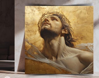 Op de afbeelding: Vierkante canvas print met een portret van een man met lang haar, een baard en een doornenkroon. De achtergrond is goudkleurig getextureerd en de man kijkt omhoog. Het kunstwerk heeft een klassieke schilderstijl.
